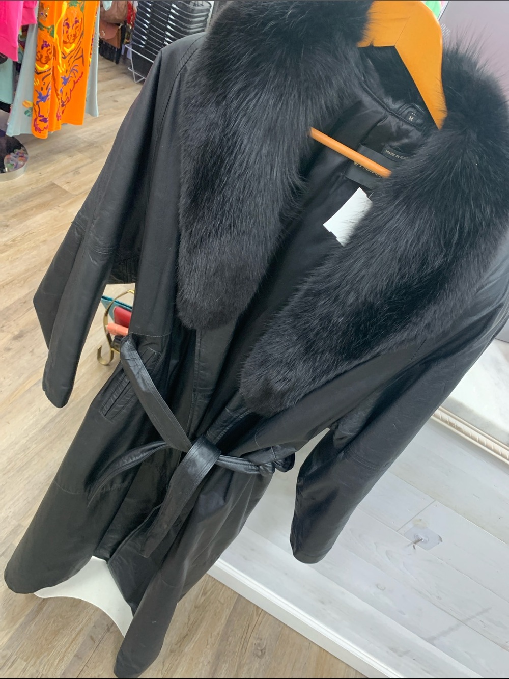 Black Leather Trench Coat with Luxe Fur Collar - Picture 7 of 7